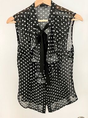 Sleeveless Polka Dot Tie-Neck Blouse - Black/White